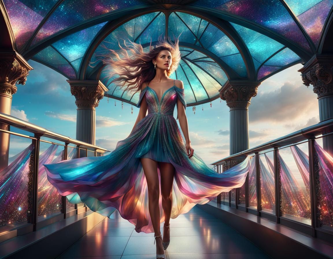Iridescent Woman on Skywalk: Digital Matte Painting