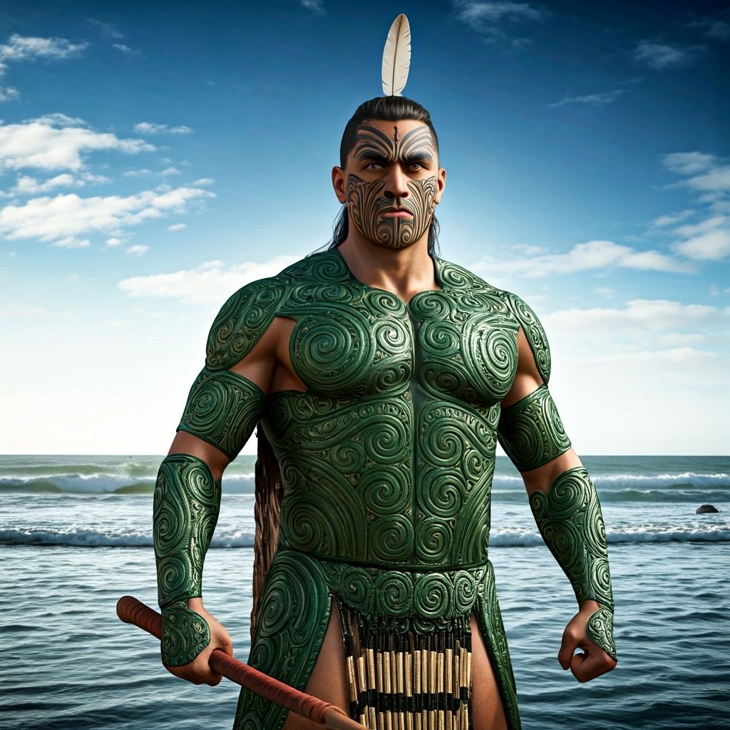Maori Warrior in Chrome Armor on Coastal Landscape