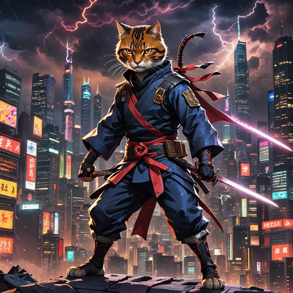 Cat Ninja Ready for Battle in Anime Style