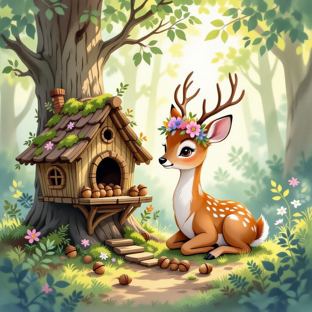 Whimsical Deer Builds Acorn Treehouse in Forest