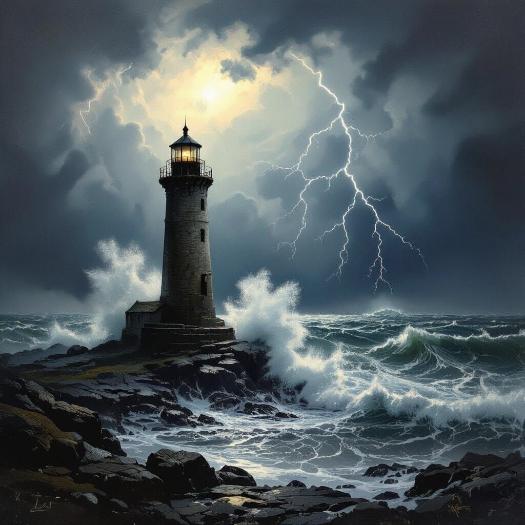 Lighthouse in Stormy Weather Inspired by Romanticism