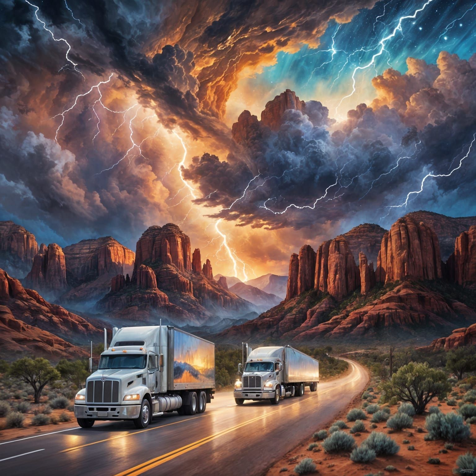 Semi Truck Journey Through Stormy Sedona Desert