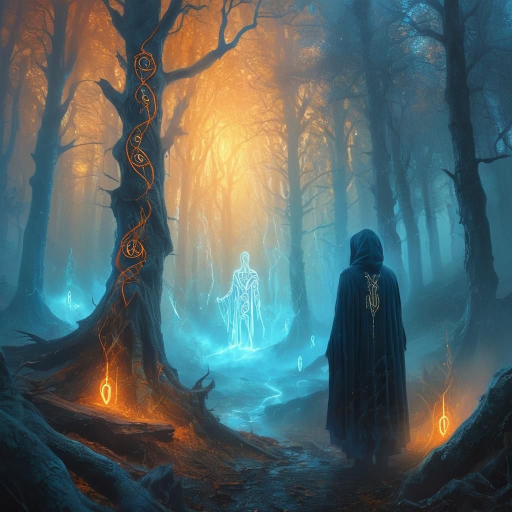 Mystical Cloaked Figure in Ancient Runed Forest
