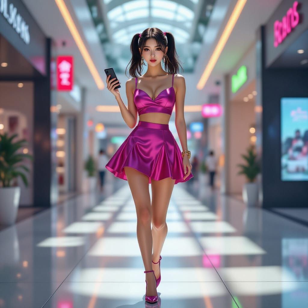 Korean Office Lady in Neon-Lit Futuristic Mall