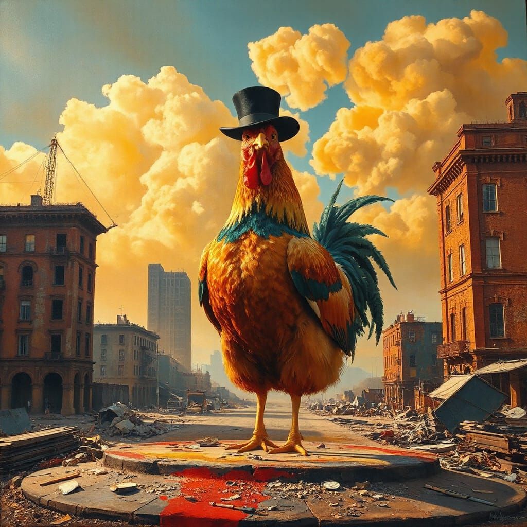 Vibrant Surrealist Masterpiece: Giant Chicken Reigns in Ruin...
