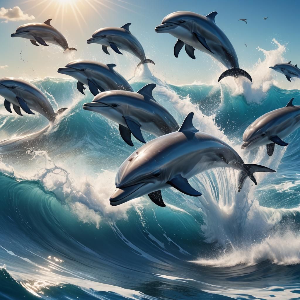 High-Speed Boat and Dolphins in Vibrant Digital Art
