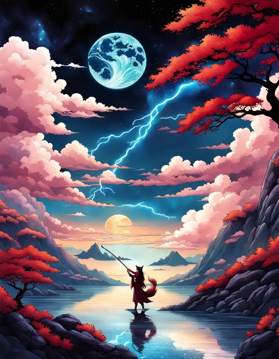 Ukiyo-e Realm of Gods with Fox and Flute