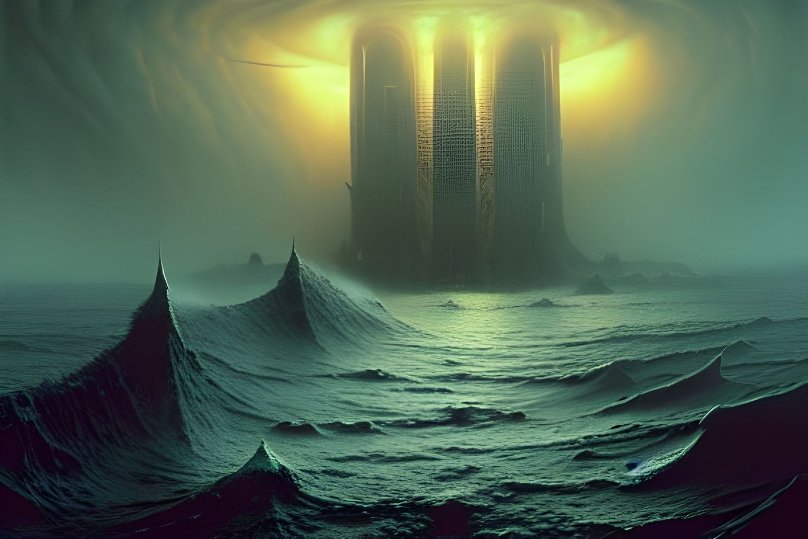 Dystopian City Ablaze: Eldritch Horror Seascape