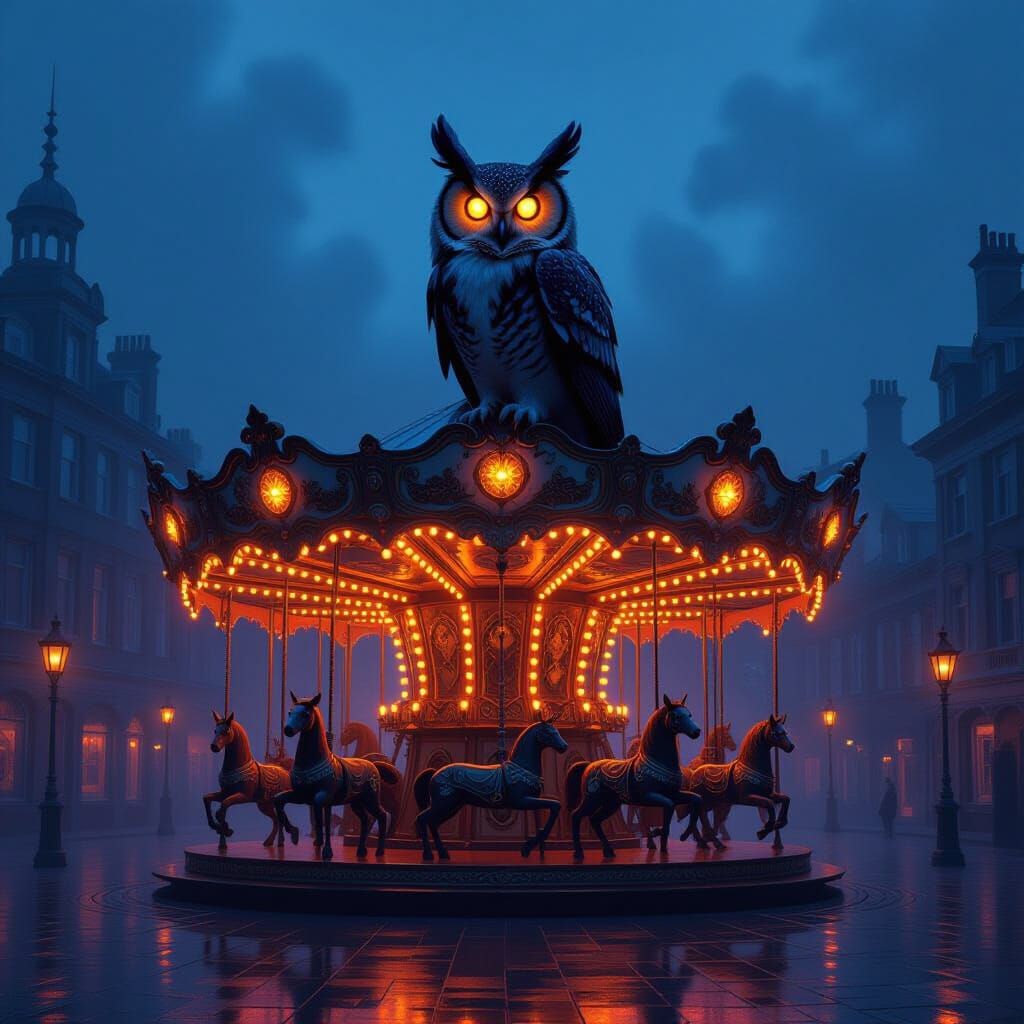 Clockwork Owl on Ornate Carousel at Twilight