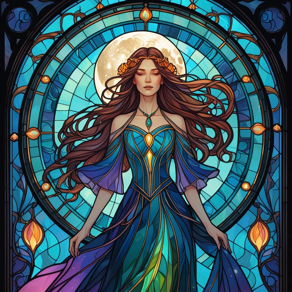 Art Nouveau Deity Casts Spell Under Moon