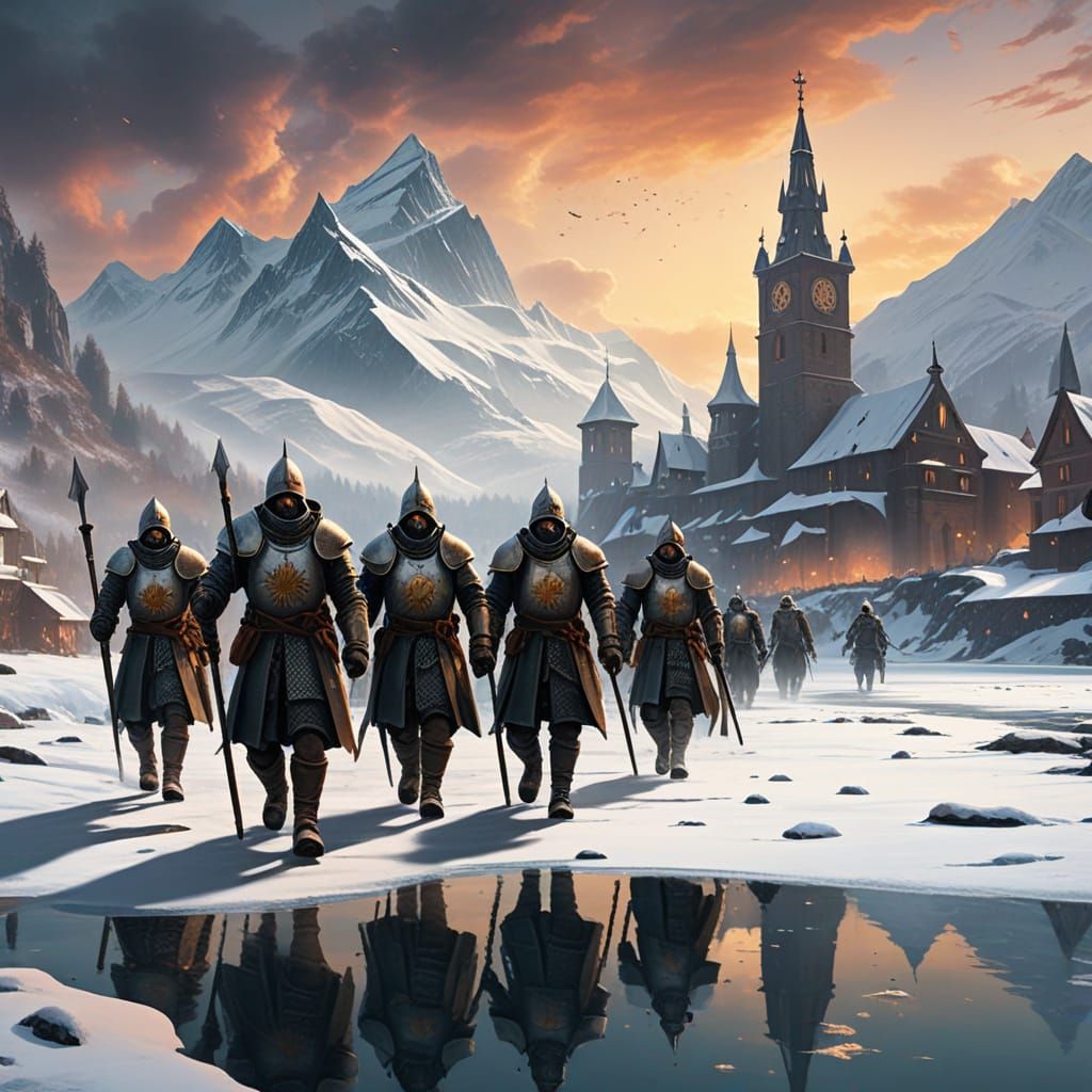 Templar Infantry on Frozen Lake: Surreal Oil Painting