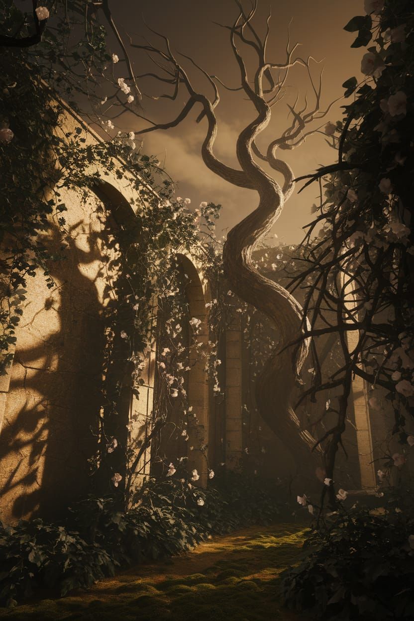Eerie Gothic Garden with Twisted Trees and Vines