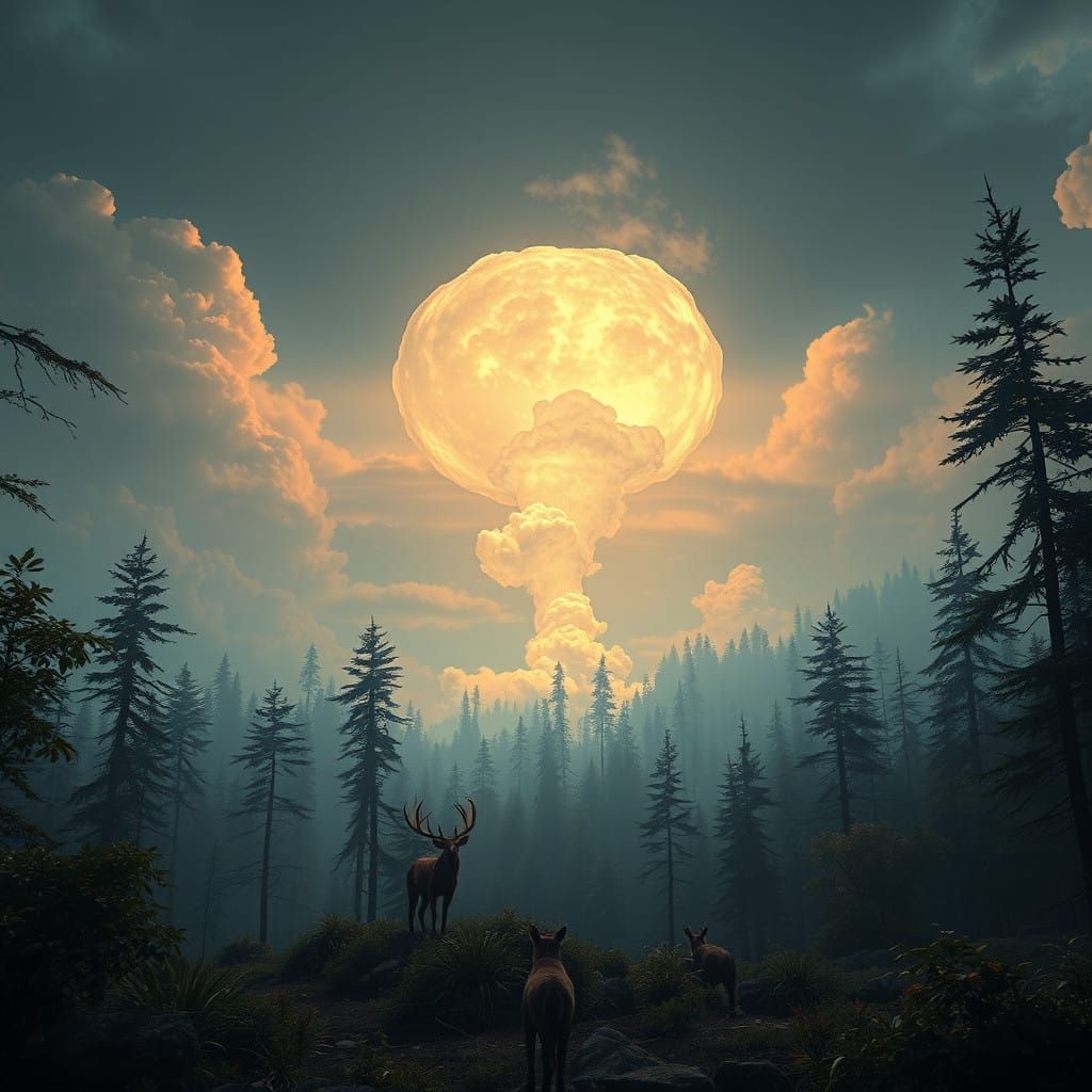 Fantastical Forest Creatures Gaze Upon a Luminous Cloud