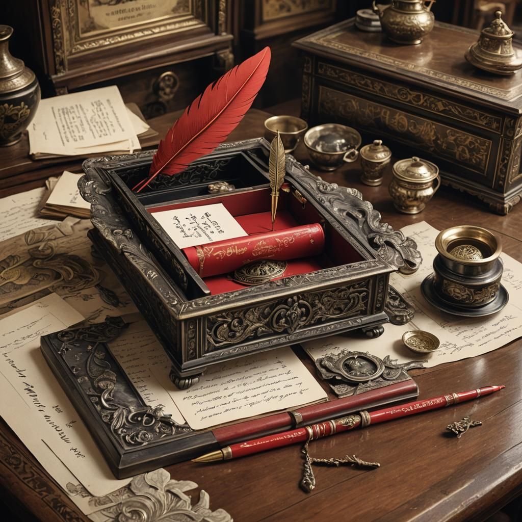 Golden Feather Pen on Antique Desk, Detailed Matte Painting