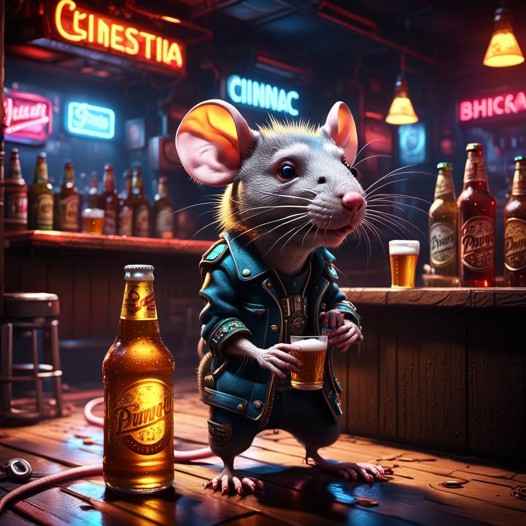 Punk Rat Enjoying Beer in Neon Lit Bar