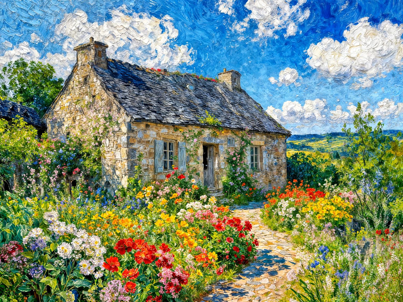 Serene Stone Cottage in Bloom, Post-Impressionist Oil Painti...