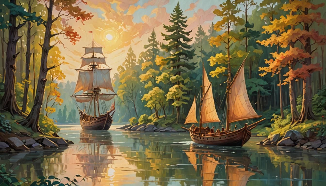 Elven Ship on Forest River in Fauvist Style