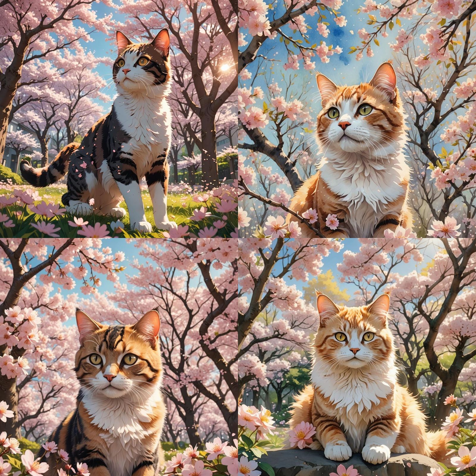 Realistic Anime Cat Under Flower Trees