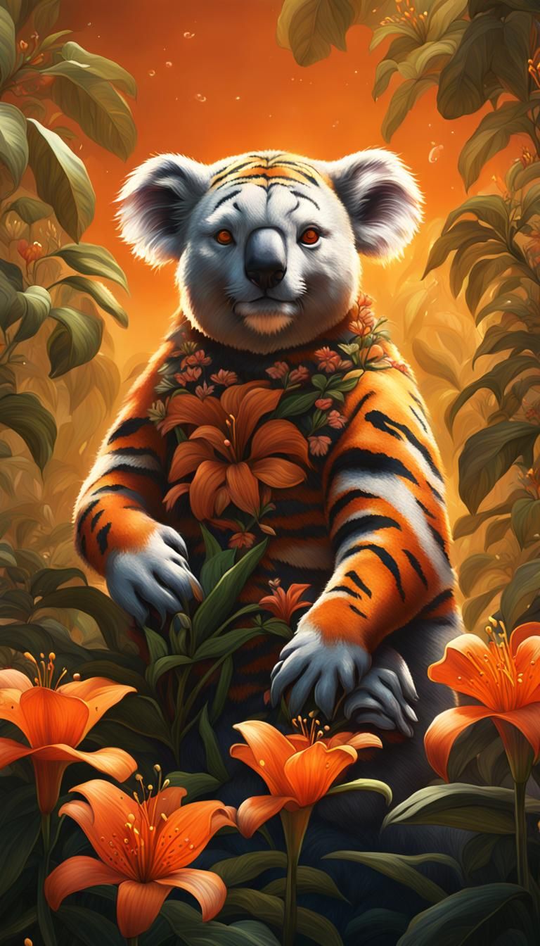 Koala Surrounded by Orange Tiger Lilies: Detailed Matte Pain...