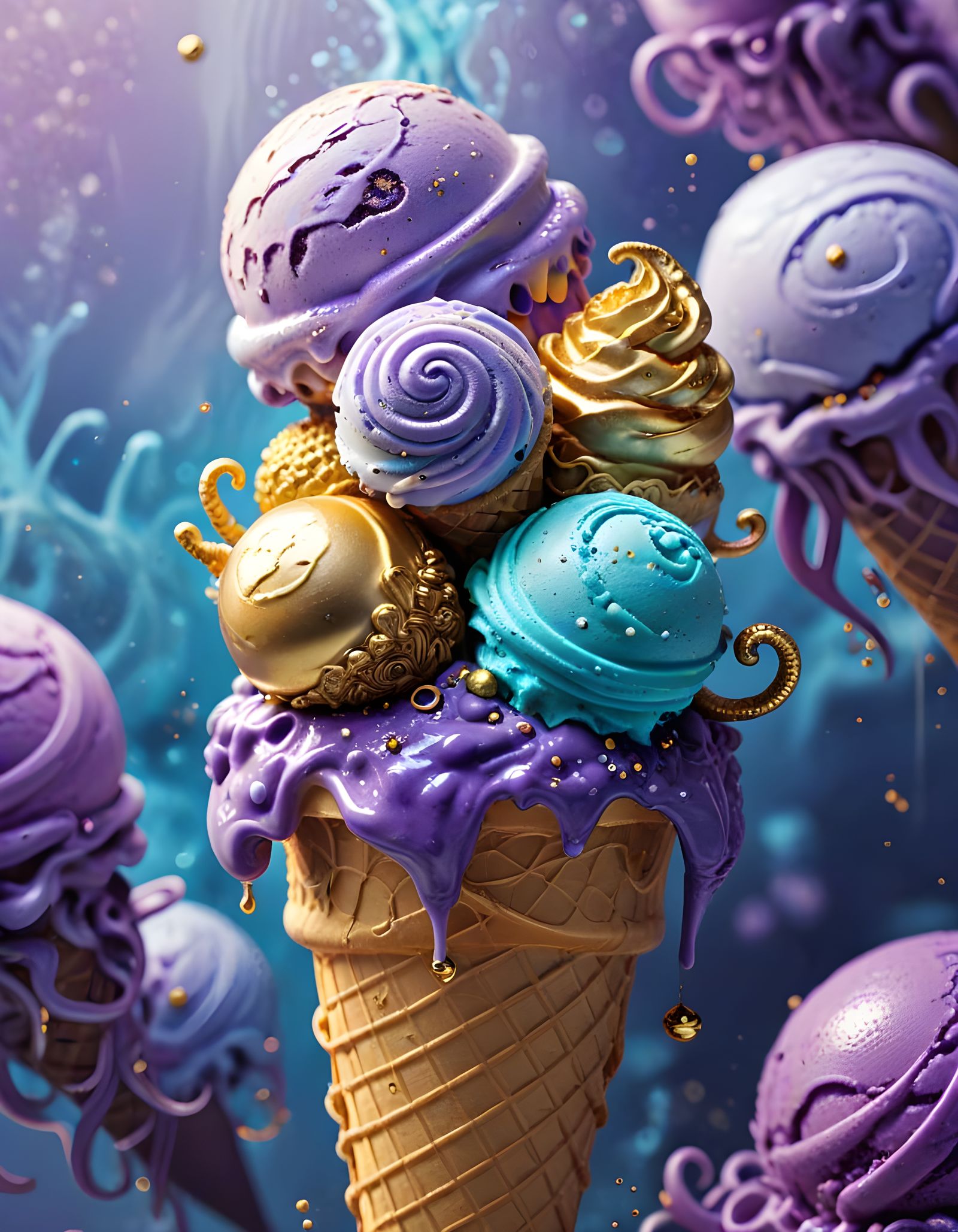 Sea Monster Ice Cream Cone with Purple Tentacles