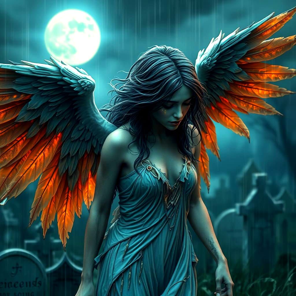 Gothic Angel Weeping Gold Tears in Graveyard