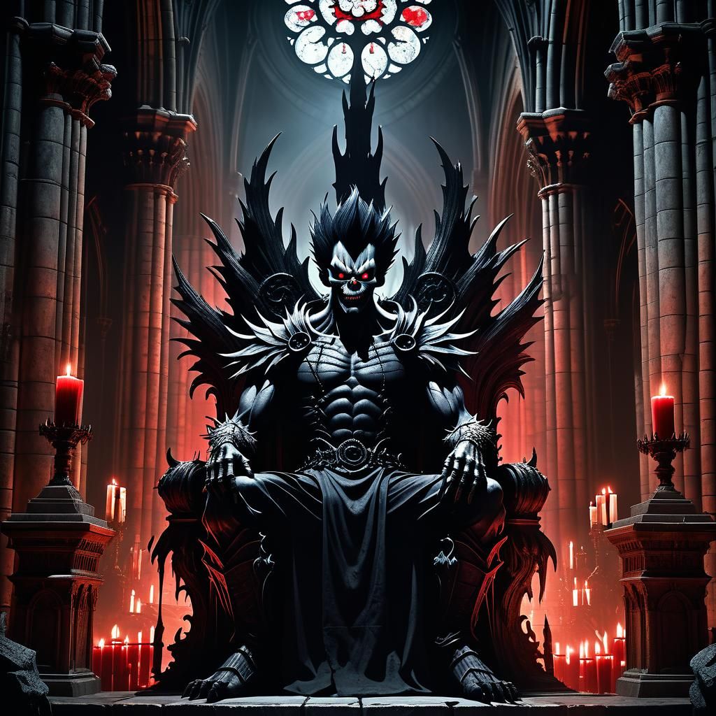 Ryuk on Gothic Throne in Dark Fantasy Cathedral