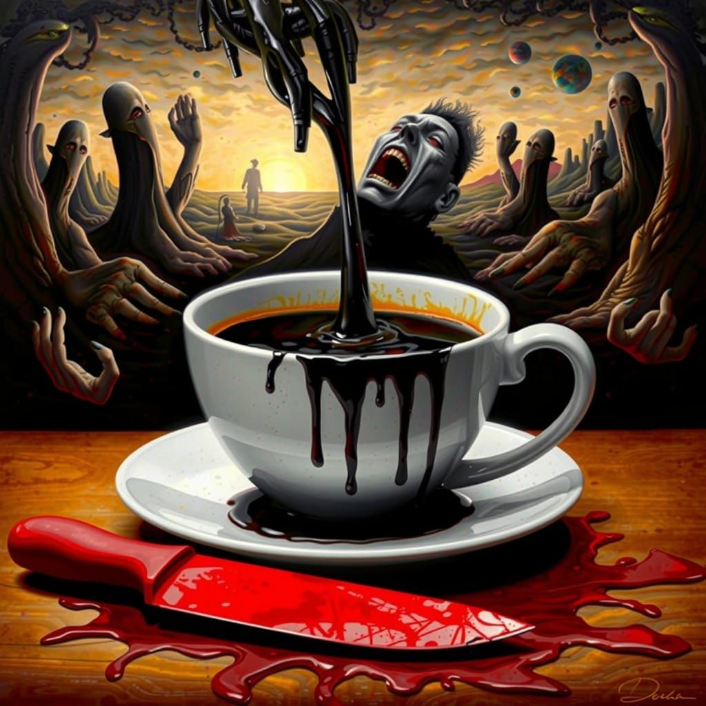 Surreal Coffee Face in a Distorted Landscape