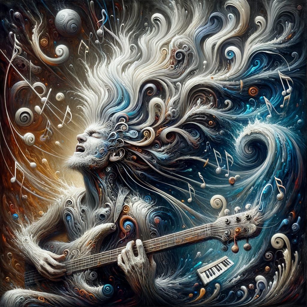 Frenzied Musician's Wild White Hair in Surreal Dark Fantasy ...