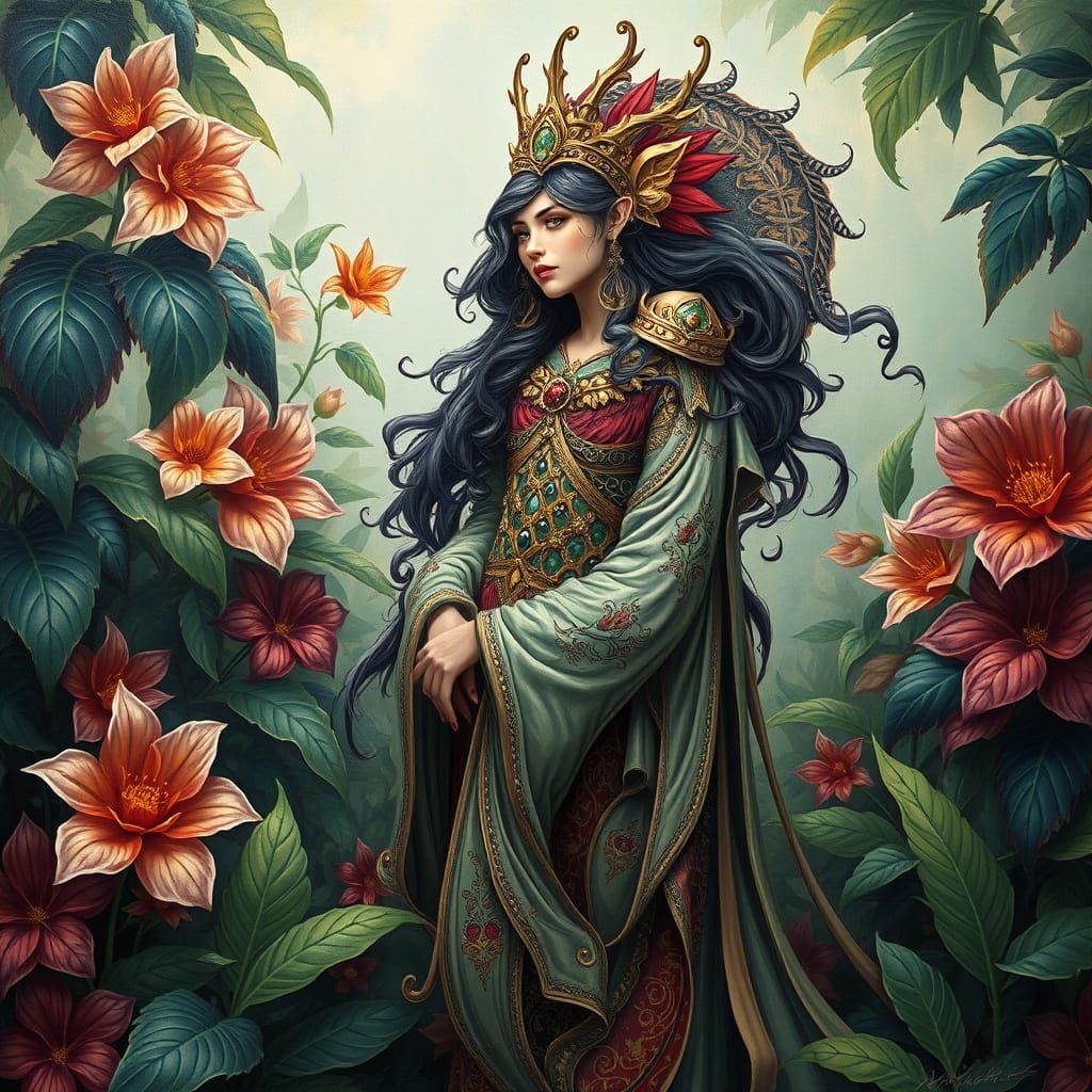 Fantasy Character Amidst Foliage, Art Nouveau Style