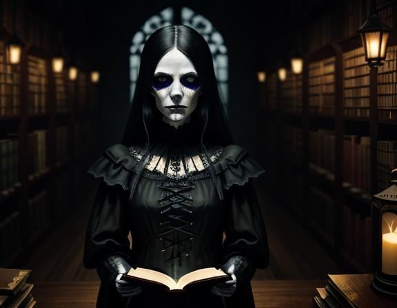 Gothic Woman in Dimly Lit Library: Digital Art