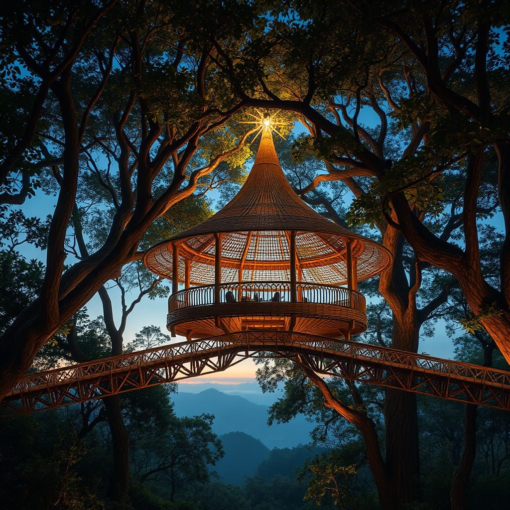 Ethereal Wicker Pavilion in Treetops at Twilight
