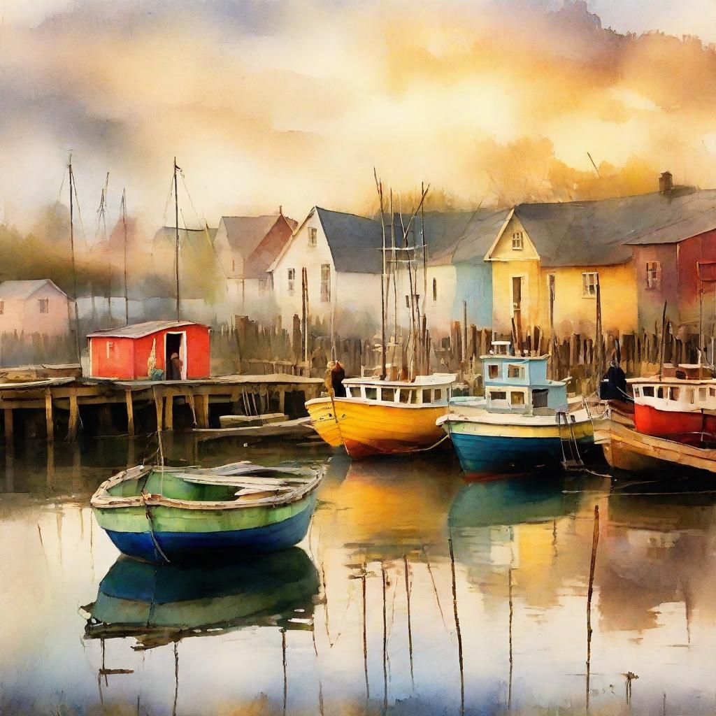 Impressionistic Fishing Village at Sunrise