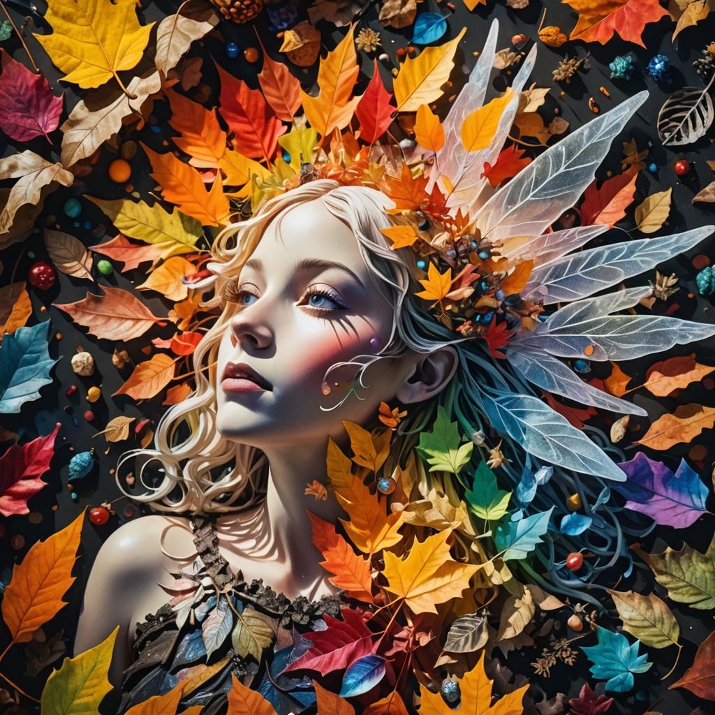 Surreal Dreamer with Autumn Leaves and Fairy