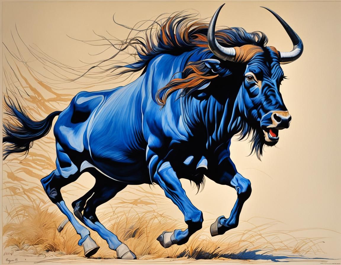 Blue Wildebeest Running: Art Deco Line Drawing