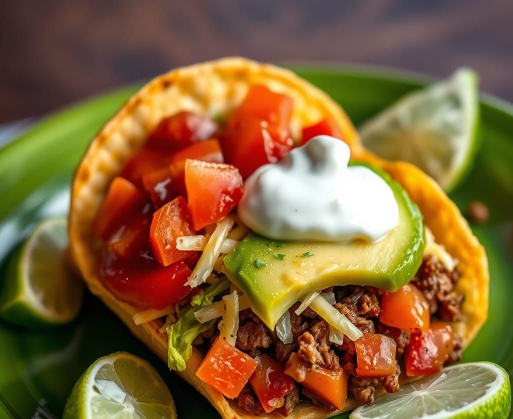 Realistic Folded Taco with Juicy Beef and Crunchy Toppings i...