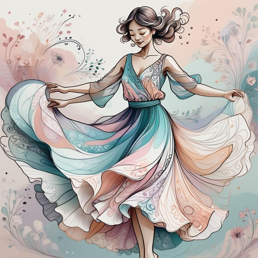 Woman Dancing in Flowing Dress: Japandi Doodle Art