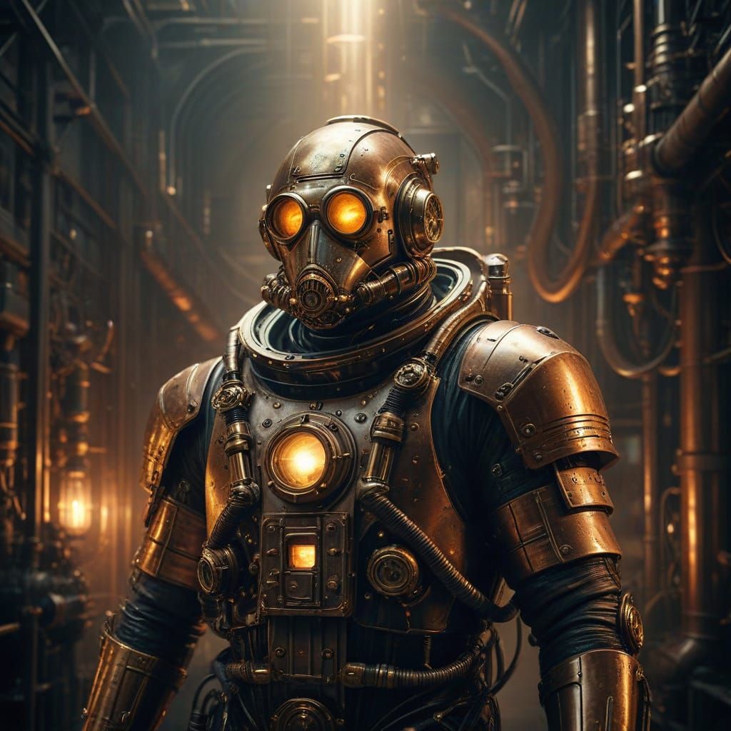 Steampunk Astronaut in Front of Vintage Sci-Fi Rocket Engine