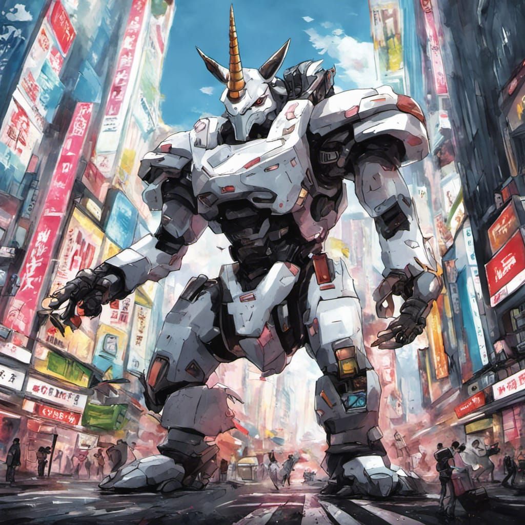 Unicorn Kaiju , central Tokyo, battling a rogue  mouse mecha