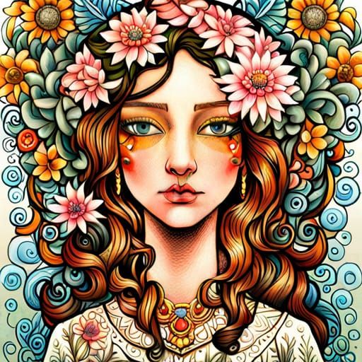 Flower Punk Woman in Canoe, Detailed Line Art