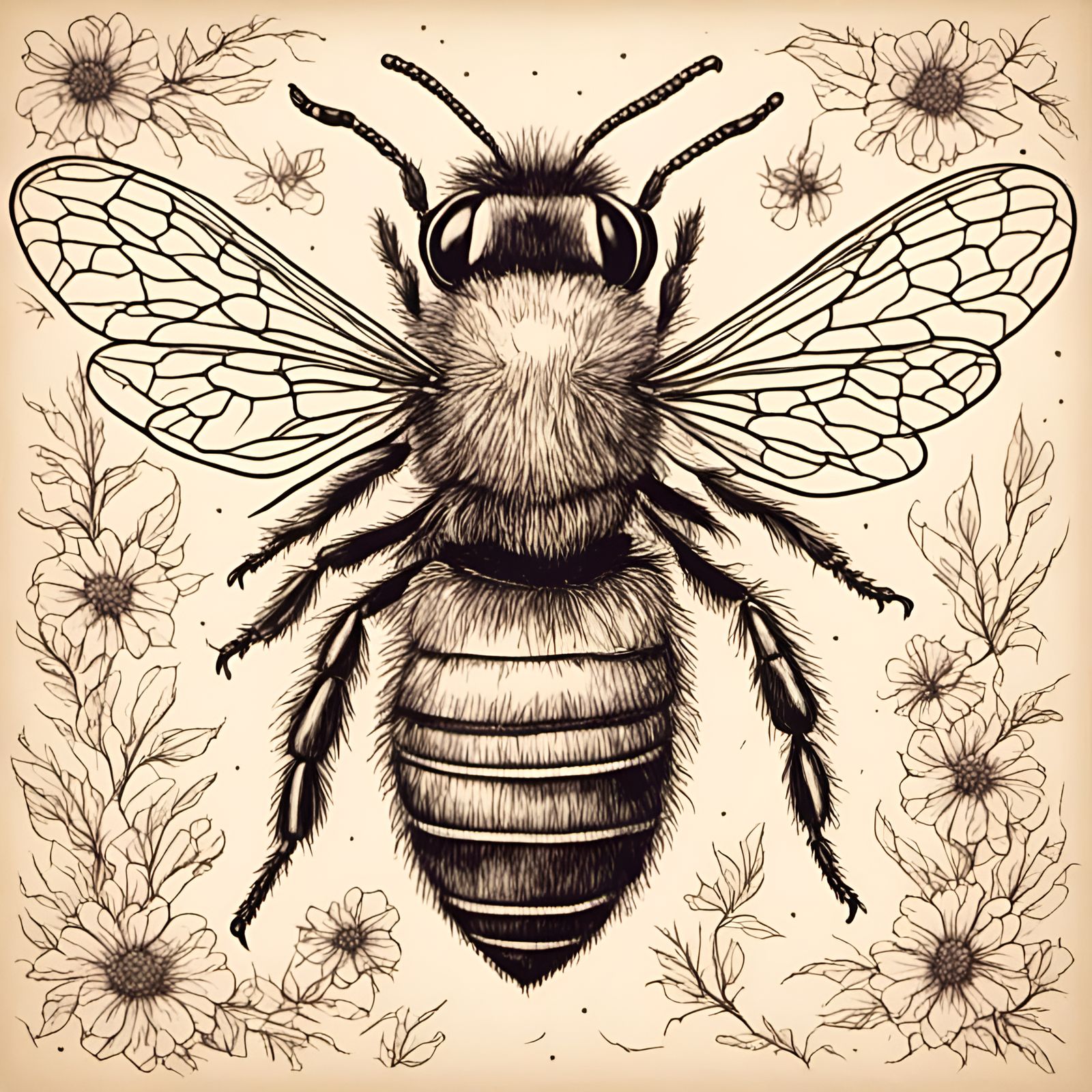 Bee in Fable Style on Vintage Postcard