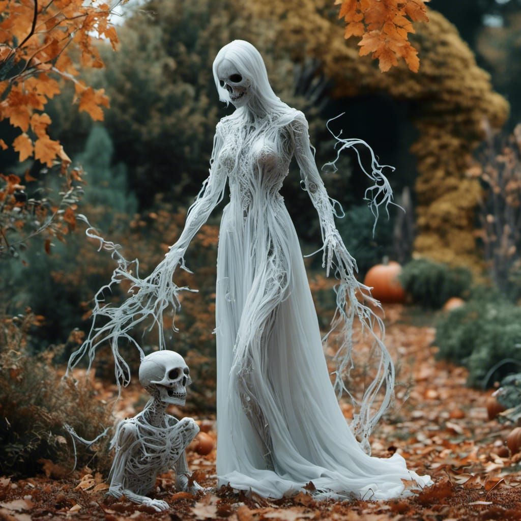 Ethereal Ghostly Figure in Autumn Garden