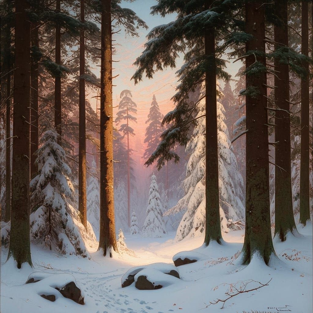 Snowy Forest at Dawn in Style of Church