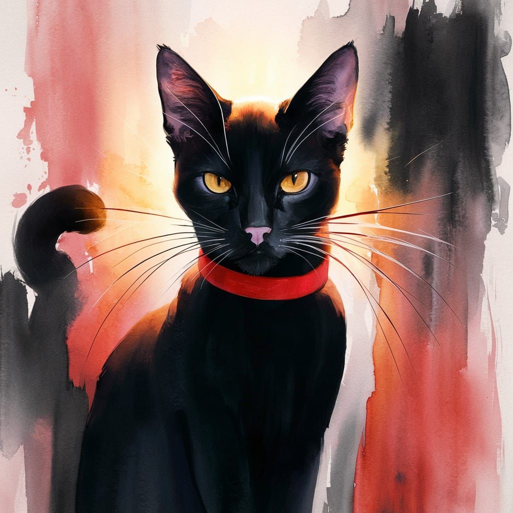 Watercolor Cat with Bold Red and Yellow Accents