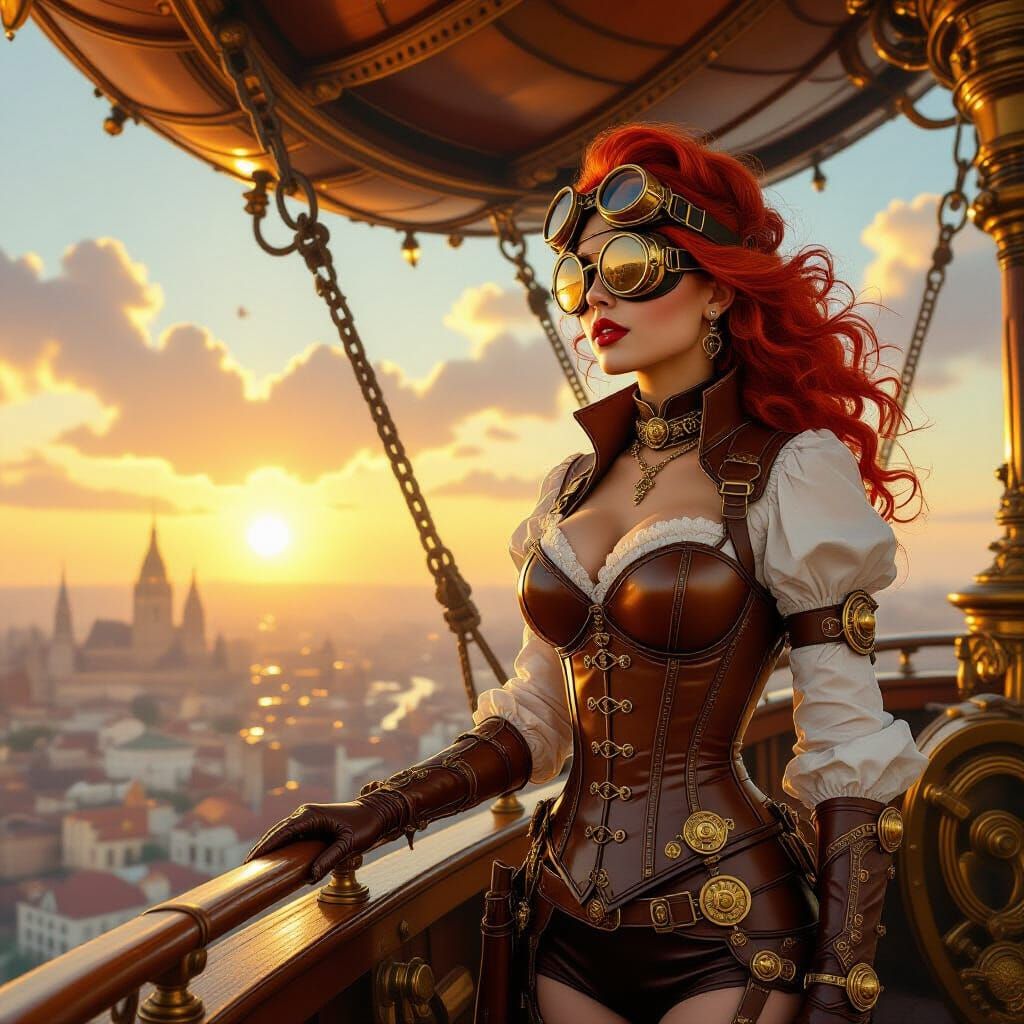 Steampunk Airship Captain Surveys Victorian Cityscape