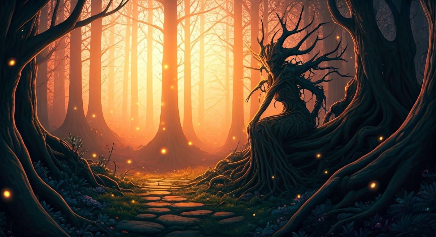 Mystical Dryad in Glowing Forest at Sunset