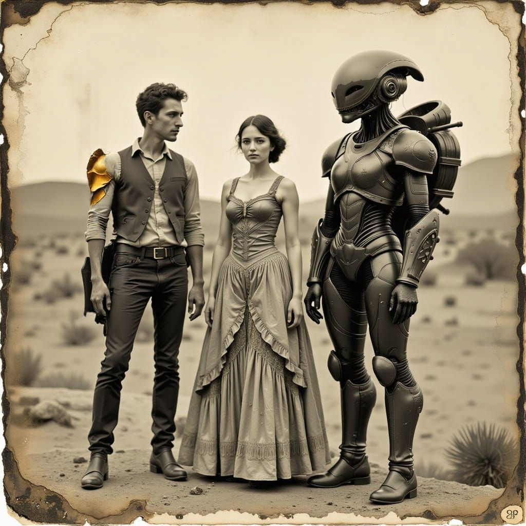 Victorian Women and Men Pose with Alien Warrior in Art Nouve...