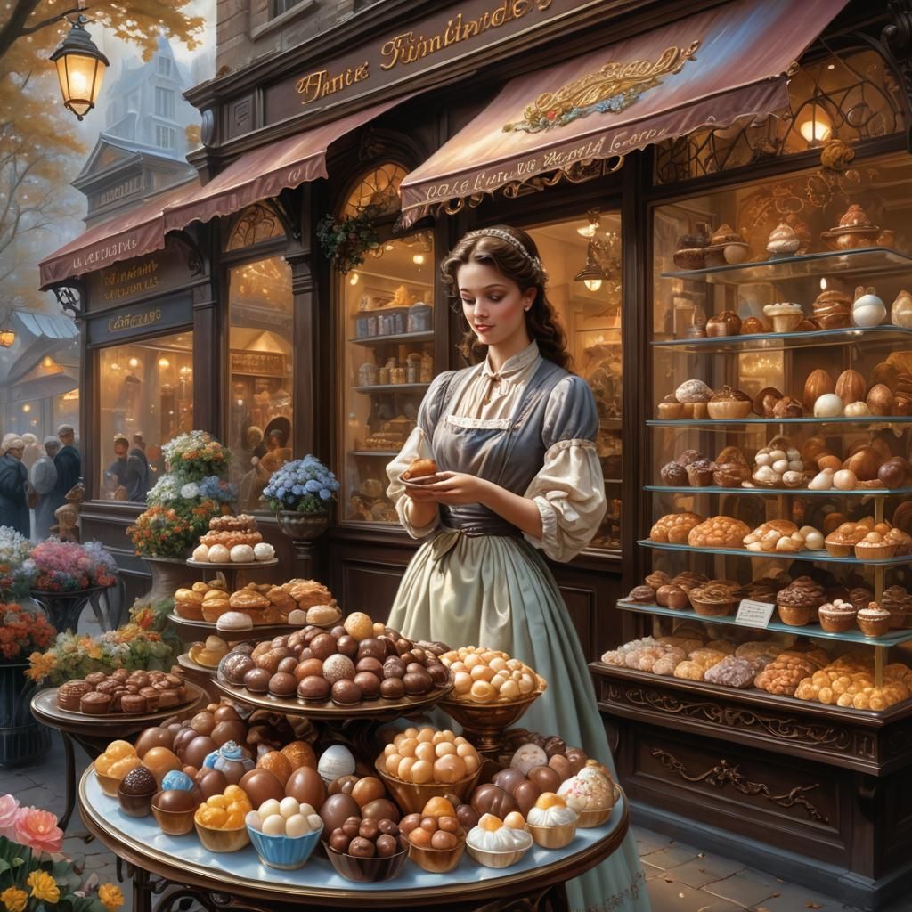 Woman Gazing at Exquisite Chocolate Easter Egg