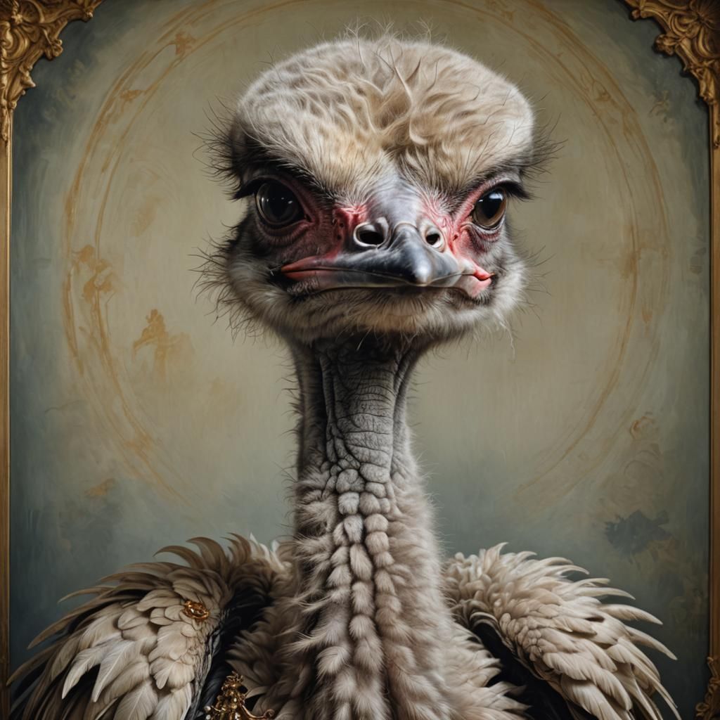 Atmospheric Ostrich Portrait in Baroque Style