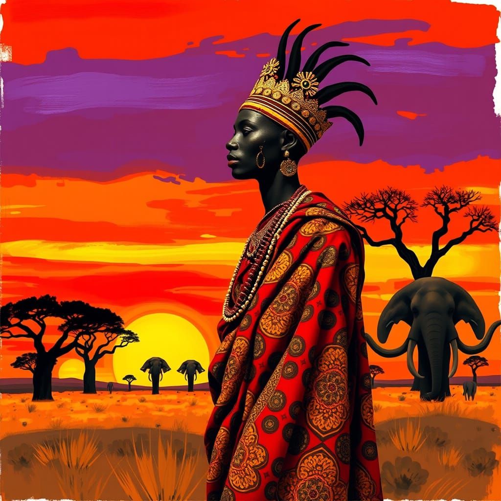 Regal African Tribal Figure in Majestic Savannah Sunset