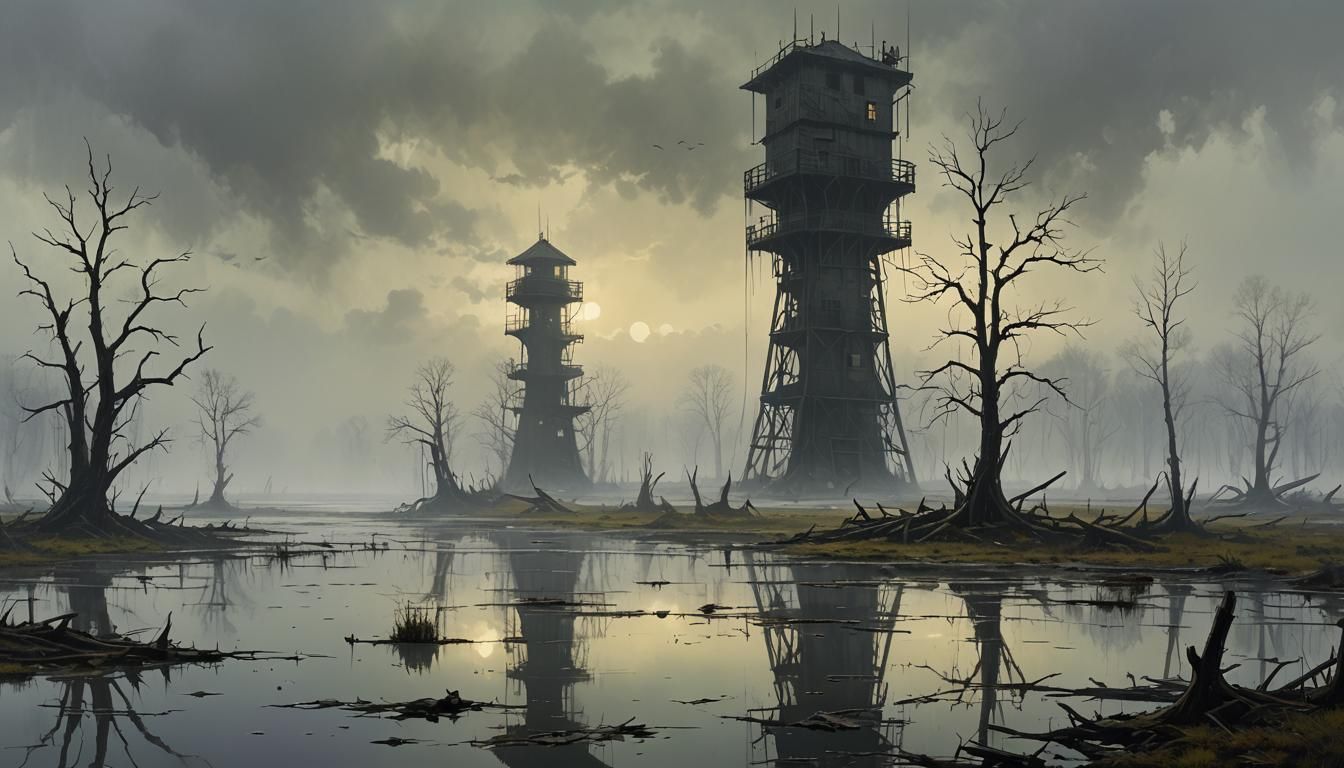 Eerie Air Tower in Desolate Swamp Landscape